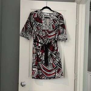 Trina Turk Red and Black Patterned Midi Dress